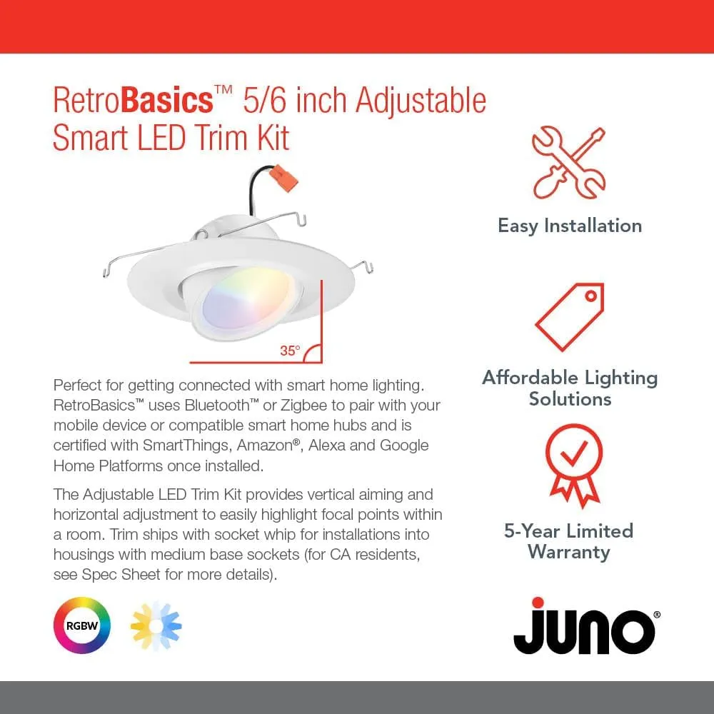 Juno RB56AC RGBW MW M6 RetroBasic Connect Adjustable LED Downlight, Dynamic Color Red, Green, Blue, White, Includes E26 Socket Adaptor, Matte White, 5-Inch to 6-Inch