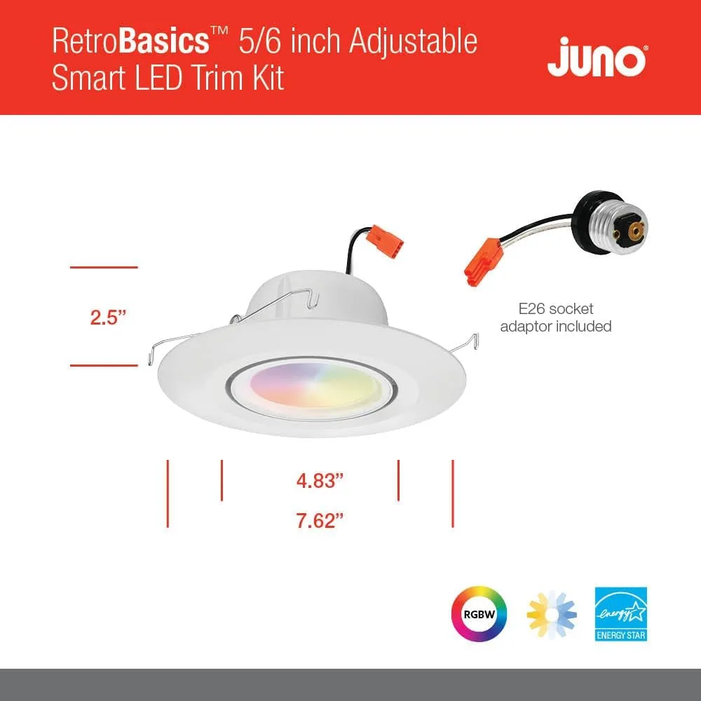Juno RB56AC RGBW MW M6 RetroBasic Connect Adjustable LED Downlight, Dynamic Color Red, Green, Blue, White, Includes E26 Socket Adaptor, Matte White, 5-Inch to 6-Inch