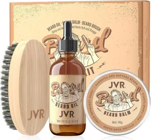 JVR Beard Grooming Kit for Men, Beard Care Kit Includes Oil and Balm,100% Boar Brush Vegan Just for Men Mustache, Perfect Gifts for Him Man Dad Boyfriend