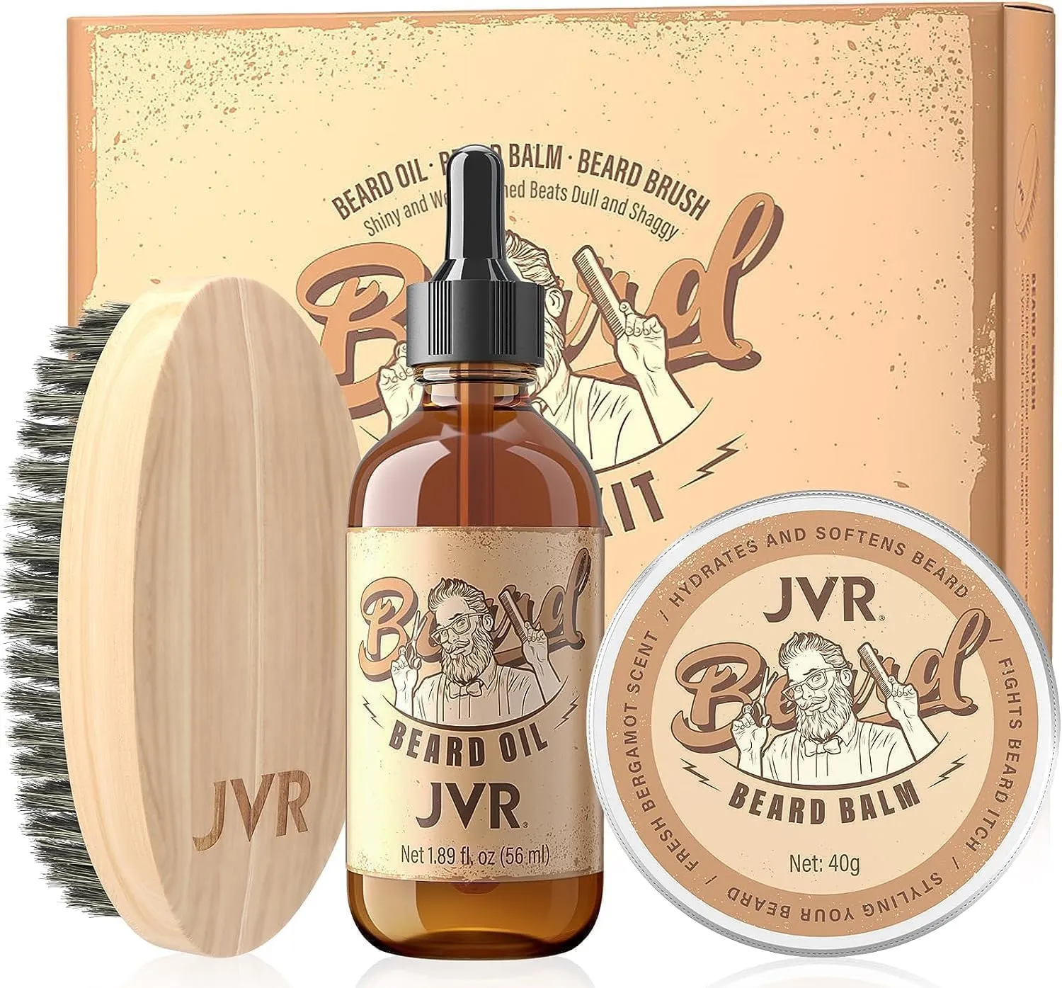 JVR Beard Grooming Kit for Men, Beard Care Kit Includes Oil and Balm,100% Boar Brush Vegan Just for Men Mustache, Perfect Gifts for Him Man Dad Boyfriend