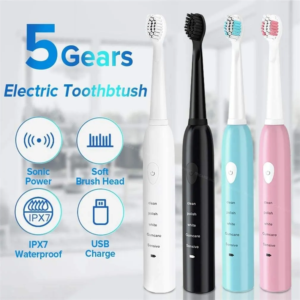 JYYBN Electric Toothbrush, Ultrasonic Electric Toothbrush USB Rechargeable Toothbrush Adult Electronic Washable Whitening Tooth Brush (Color : Black)