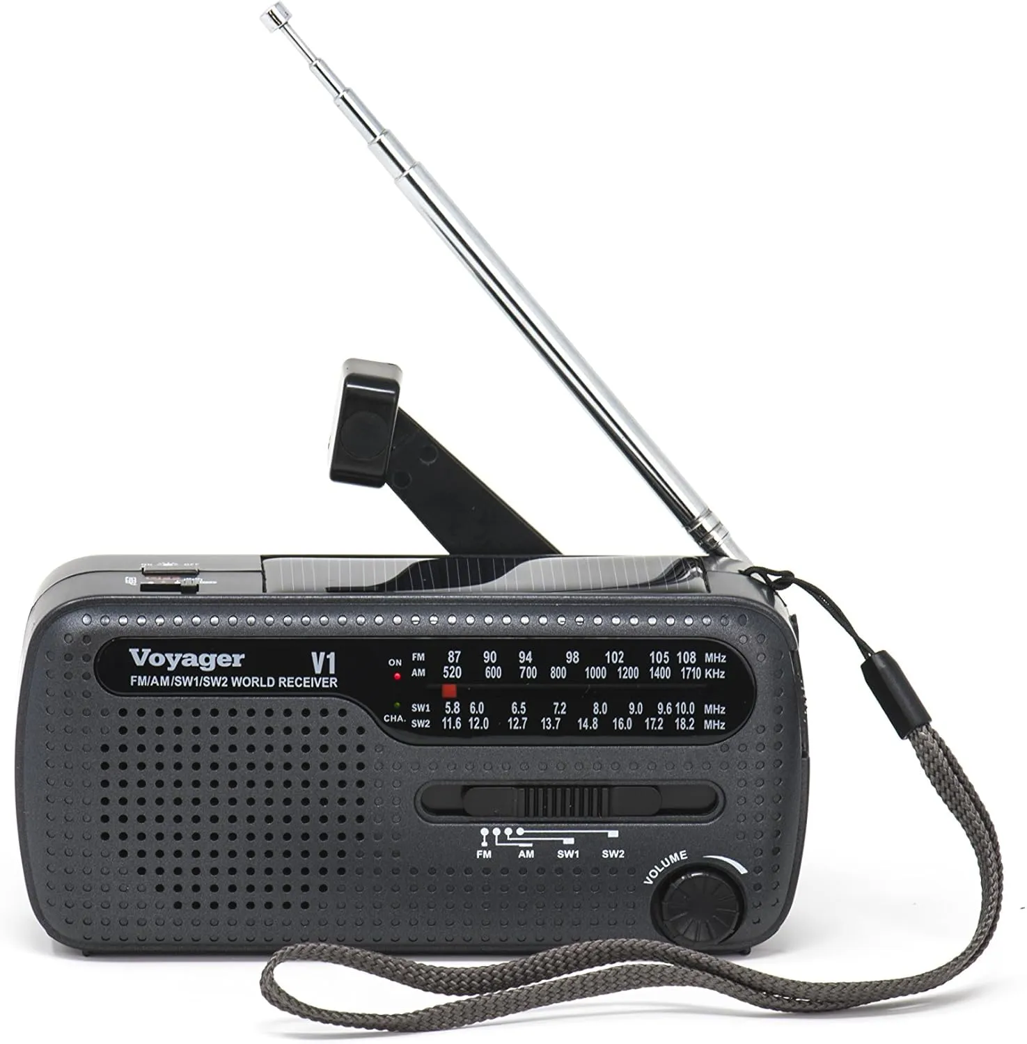 Kaito V1 Voyager Solar/Dynamo AM/FM/SW Emergency Radio with Cell Phone Charger and 3-LED Flashlight, Iron Gray