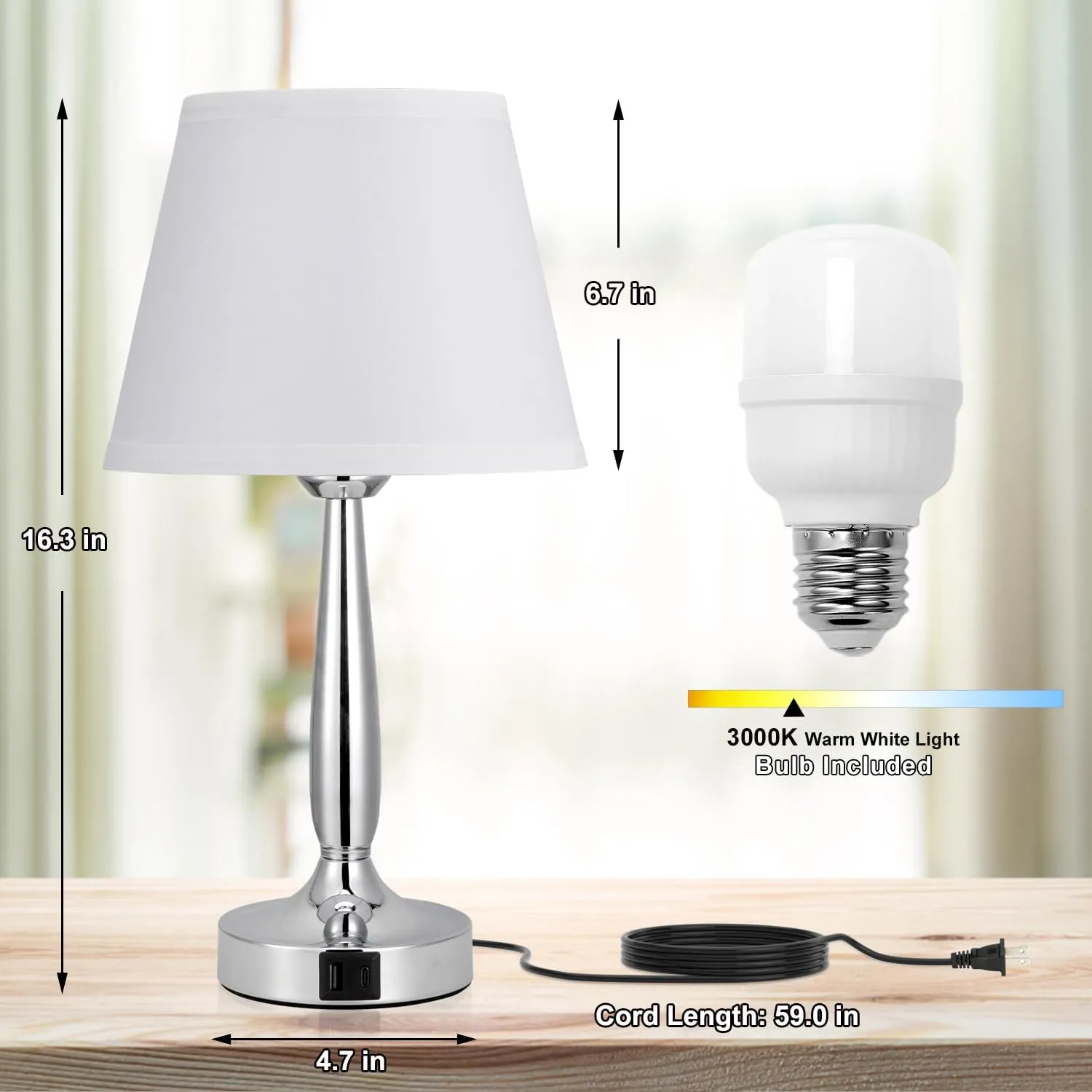 Kakanuo Touch Table Lamp for Bedroom, Small Bedside Lamp with USB C Charging Port, 3 Way Dimmable Touch Control Nightstand Lamp for Living Room and Office, White Shade and Silver Base