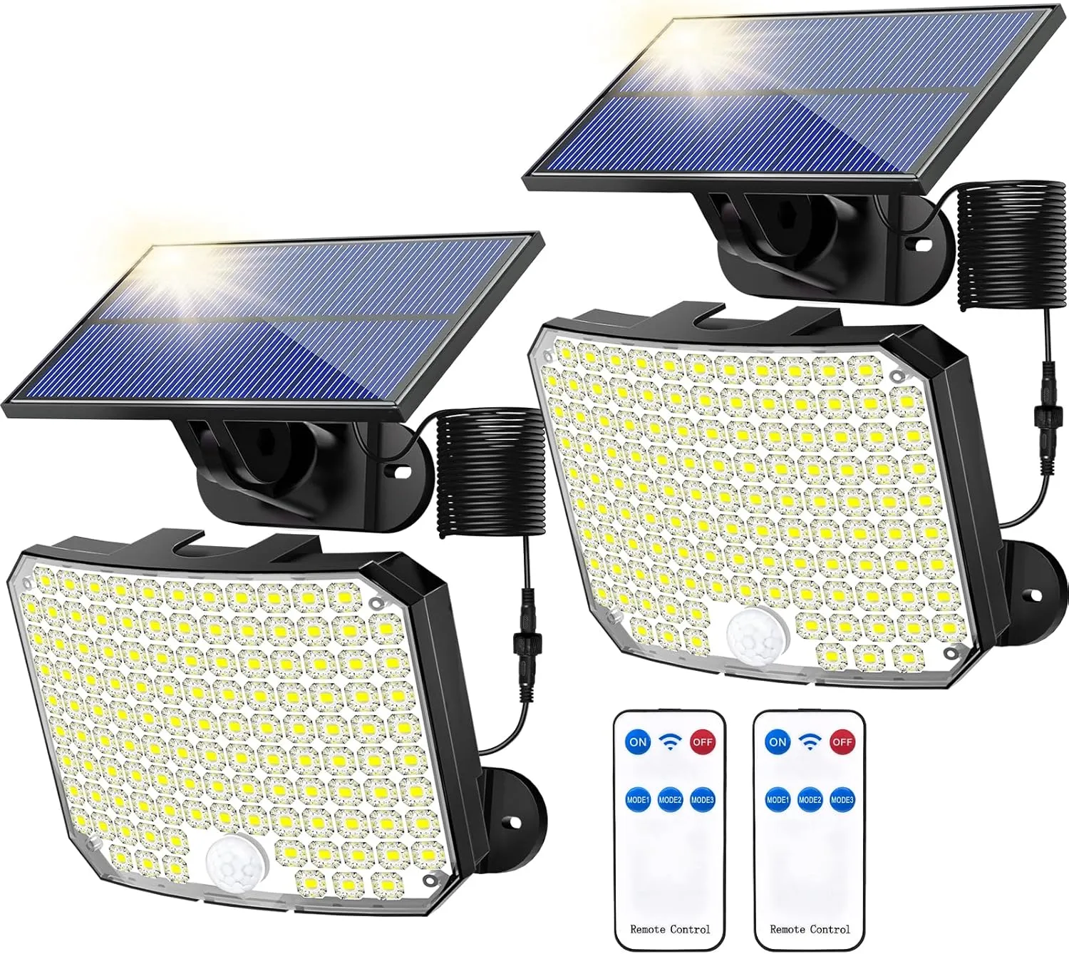 KERNOWO Solar Lights Outdoor, 118 LED Solar Motion Sensor Flood Lights with Remote, IP65 Waterproof Solar Powered Security Spot Lights with 16.5Ft Cable for Patio, Garage, Porch, Yard, 2 Pack