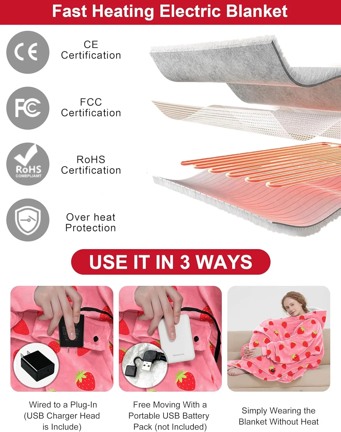 KFUBUO Heated Electric Wearable Blanket Throw Battery Operated Portable USB Cordless Outdoor Hoodie Sweatshirt