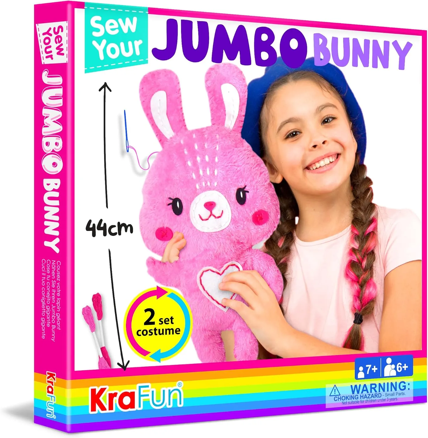 KRAFUN Big Jumbo Bunny Animal Sewing Kit for Kids Beginner My First Art & Craft, Make 1 Stuffed Doll with 2 Costumes, Instructions & Plush Felt Materials for Learn to Sew, Embroidery, Age 7-12