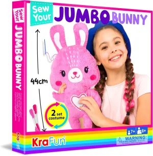 KRAFUN Big Jumbo Bunny Animal Sewing Kit for Kids Beginner My First Art & Craft, Make 1 Stuffed Doll with 2 Costumes, Instructions & Plush Felt Materials for Learn to Sew, Embroidery, Age 7-12
