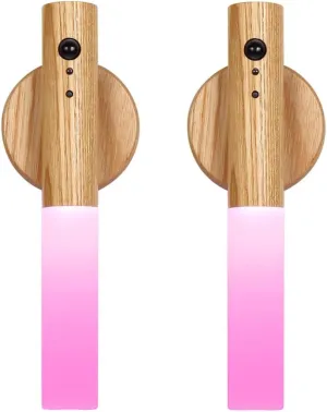 LANDGOO RGB Motion Sensor Night Light, Color Changing Atmosphere Lamp, Battery Powered Rechargeable LED Wood Wall Sconce for Home Party Lighting (RGB Ash Wood 2PCS)
