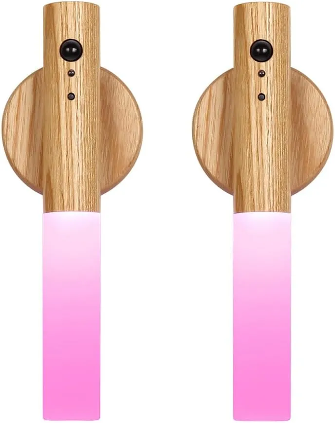 LANDGOO RGB Motion Sensor Night Light, Color Changing Atmosphere Lamp, Battery Powered Rechargeable LED Wood Wall Sconce for Home Party Lighting (RGB Ash Wood 2PCS)