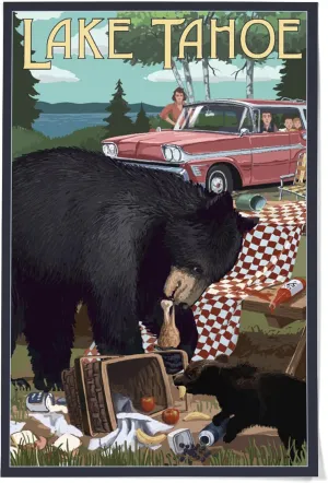 Lantern Press 36x54 Inch Giclee Print, Lake Tahoe, California, Bear and Picnic Scene