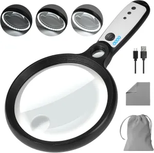 Large Magnifying Glass with 37 LED Light, 10X 20X 45X Handheld Illuminated Lighted Magnifier with 3 Light Modes Rechargeable Magnifying Glass for Seniors Reading, Inspection (Black & White)
