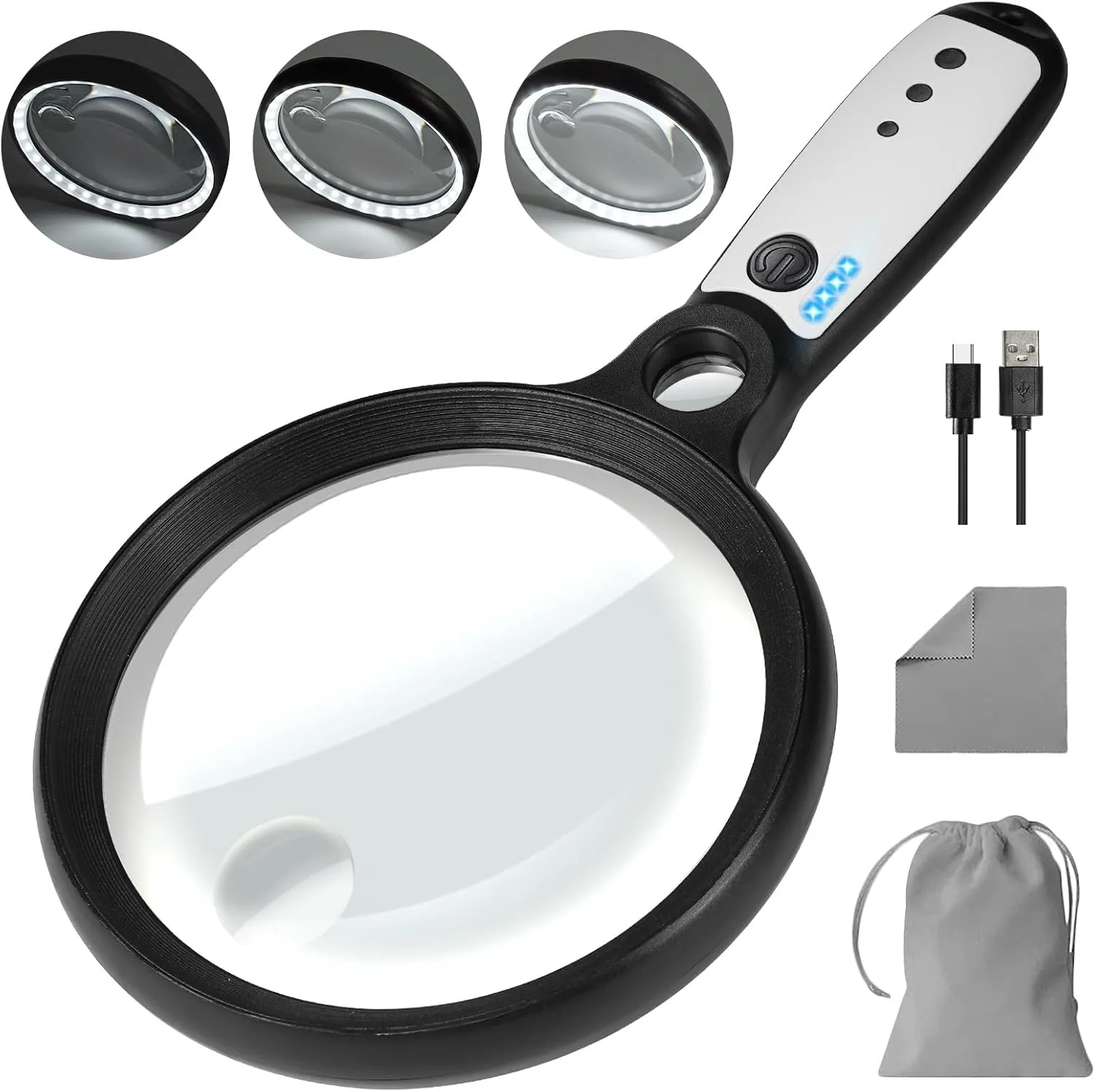 Large Magnifying Glass with 37 LED Light, 10X 20X 45X Handheld Illuminated Lighted Magnifier with 3 Light Modes Rechargeable Magnifying Glass for Seniors Reading, Inspection (Black & White)