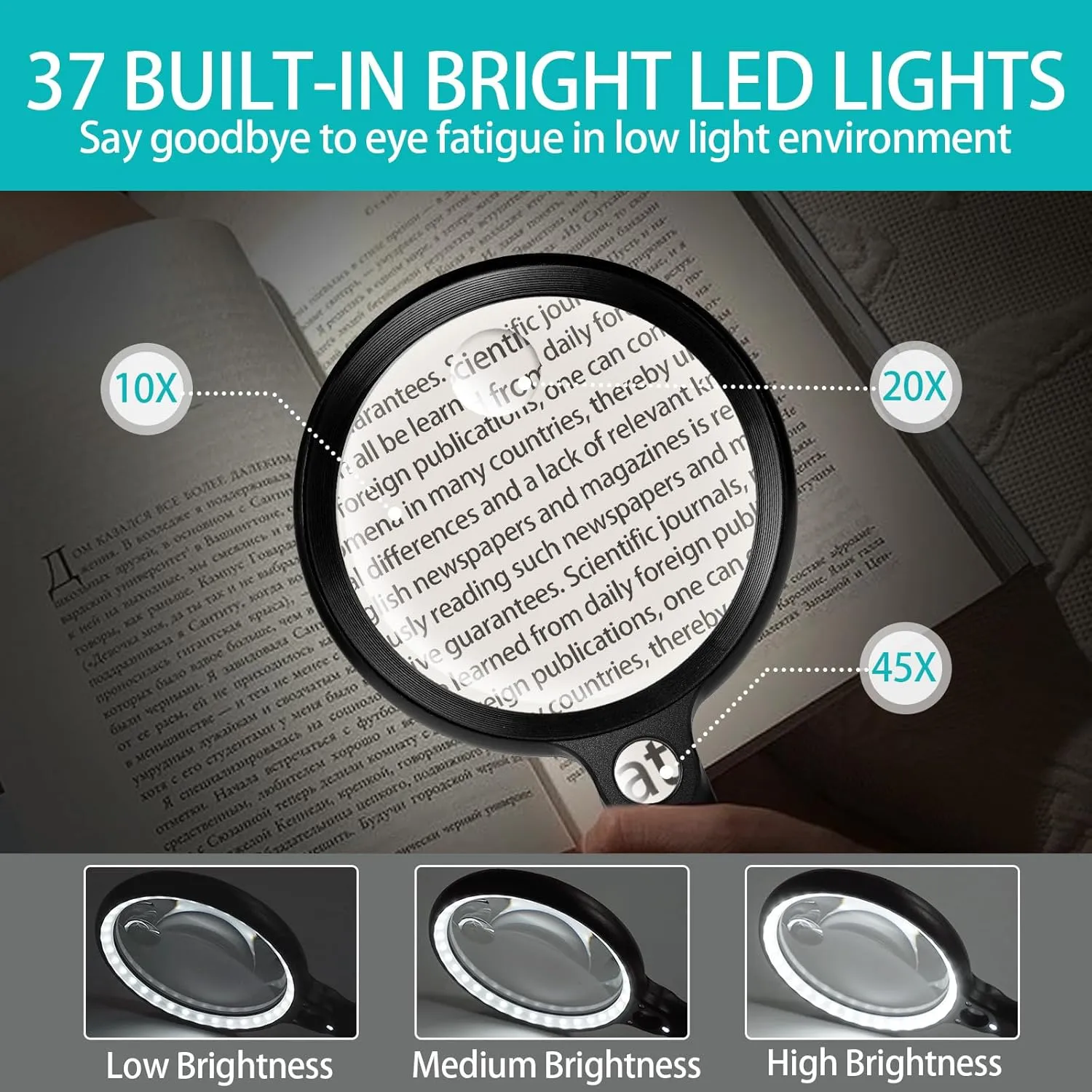 Large Magnifying Glass with 37 LED Light, 10X 20X 45X Handheld Illuminated Lighted Magnifier with 3 Light Modes Rechargeable Magnifying Glass for Seniors Reading, Inspection (Black & White)