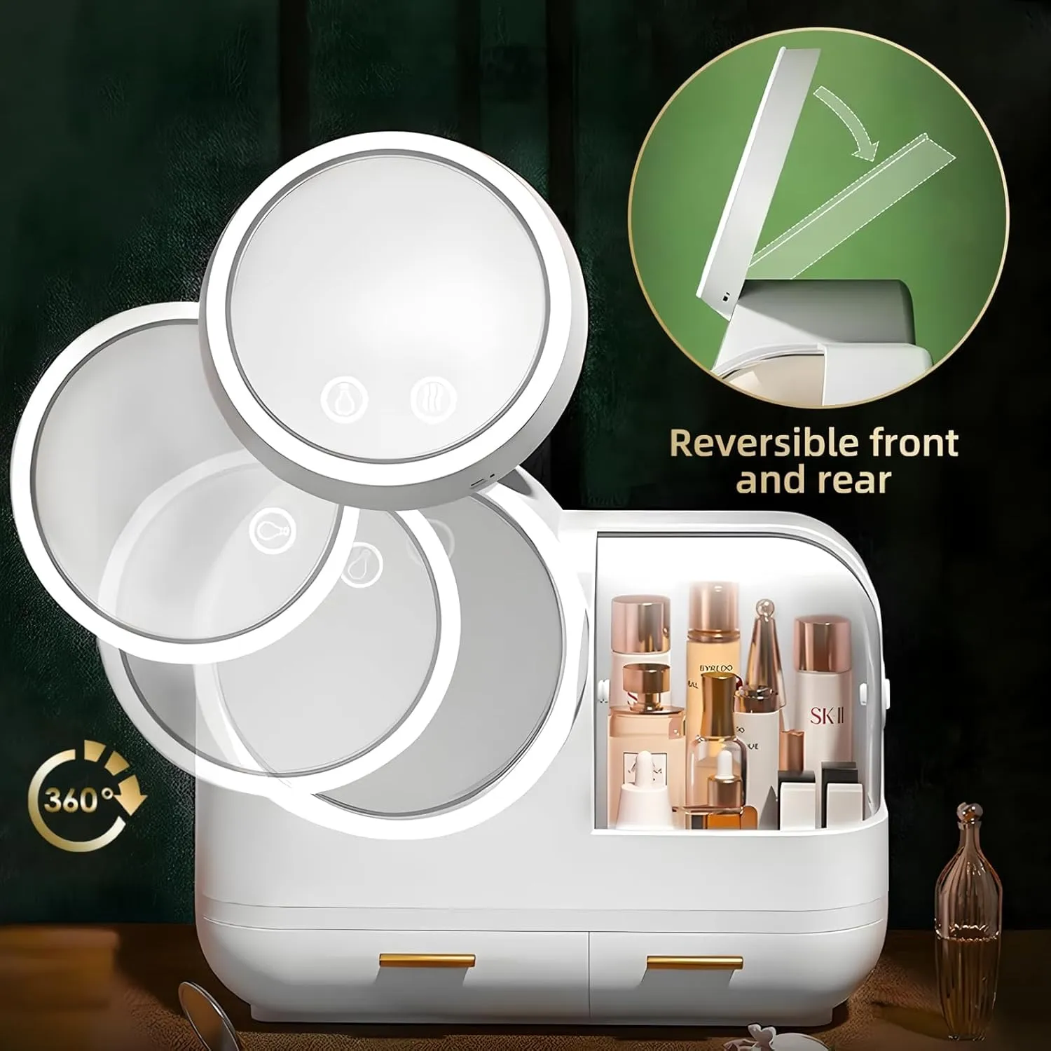 Large Makeup Organizer with Led Light and Mirror - 15" L×8.5" W×12" H Cosmetic Display Case with Fan, Desktop Makeup Box with Drawers, Skincare Storage Box for Vanity Countertop Bathroom, White