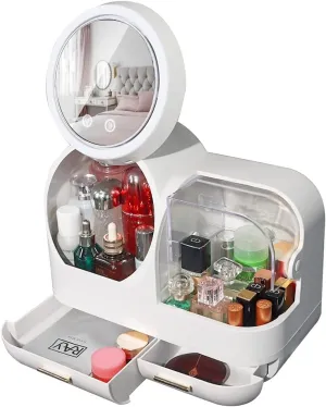 Large Makeup Organizer with Led Light and Mirror - 15" L×8.5" W×12" H Cosmetic Display Case with Fan, Desktop Makeup Box with Drawers, Skincare Storage Box for Vanity Countertop Bathroom, White