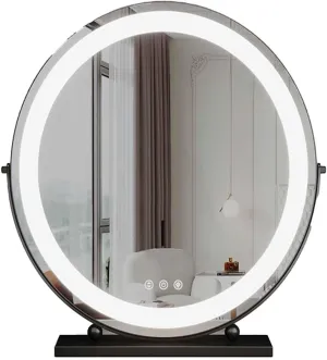 Large Round Mirror Lighted Makeup Mirror, LED Makeup Mirror with 3 Color Modes, 360°Rotation Vanity Mirror,for GirlBlack,30cm/12in