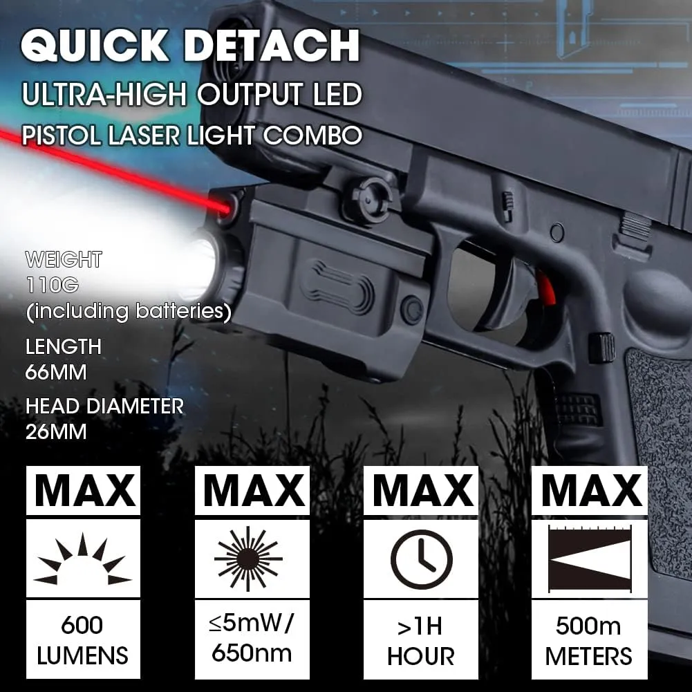 Laser Light Combo Fits Picatinny Rail Mounted for Pistols,Rifles,Shotguns with Tactical Flashlight 600 Lumens,USB Rechargeable Battery