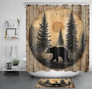 LB Black Bear Shower Curtain Sets with Rugs Rustic Cabin Jungle Forest Wildlife Animal Fabric Shower Curtain with Hooks Country Vintage Wood Brown Bathroom Curtains Shower Set, 70x70 inches