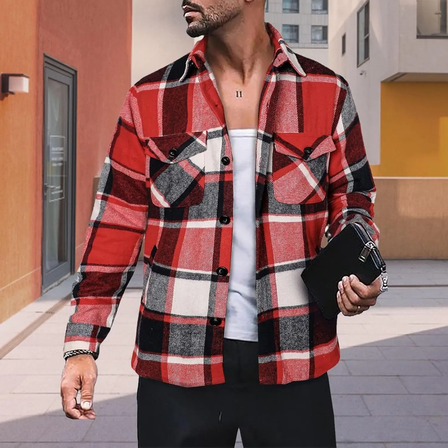 LCMTWX Men's Fleece Lined Flannel Shirt Jacket Sweatshirt Jacket Button Collar Warm Sweater Coat Shirt Plaid Cotton