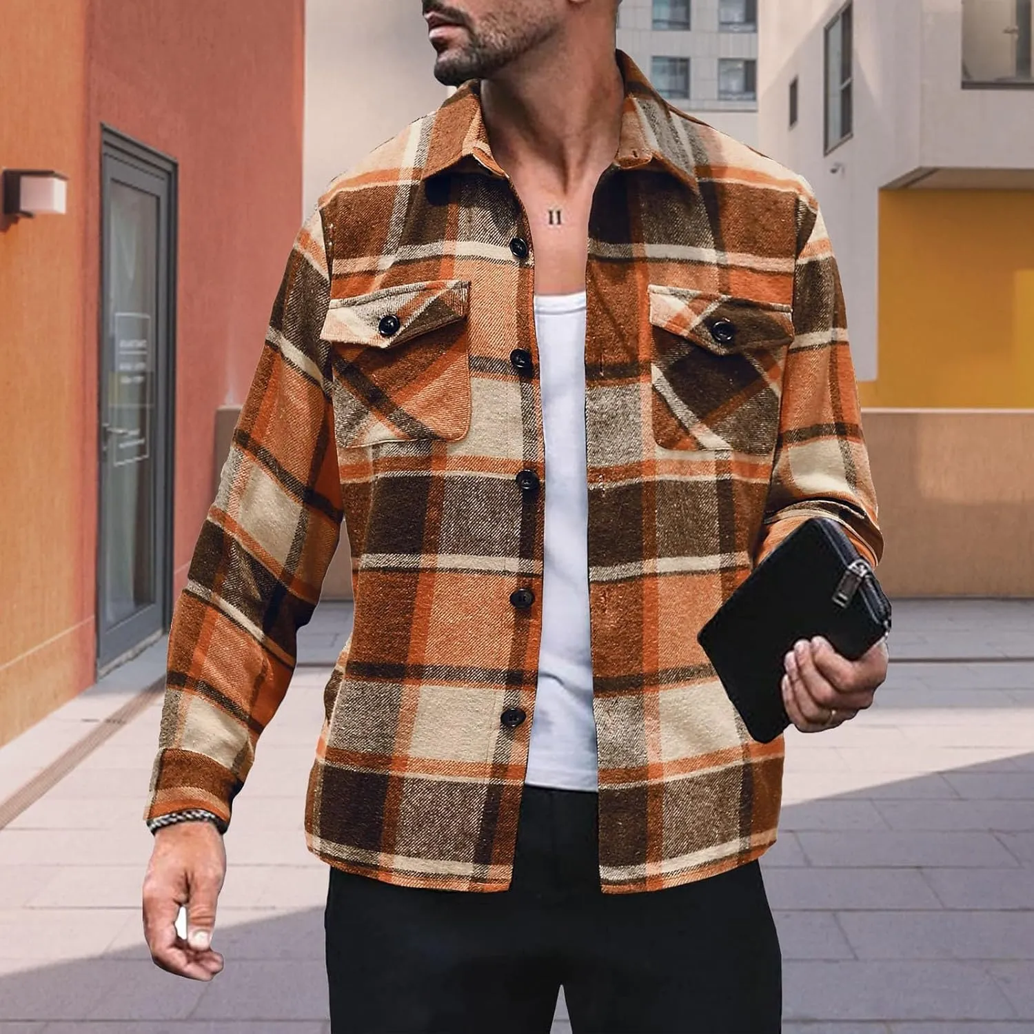 LCMTWX Mens Plaid Flannel Jacket Pullover Sweatshirt Jacket Button Collar Warm Sweater Coat with Hood for Men Sherpa Button