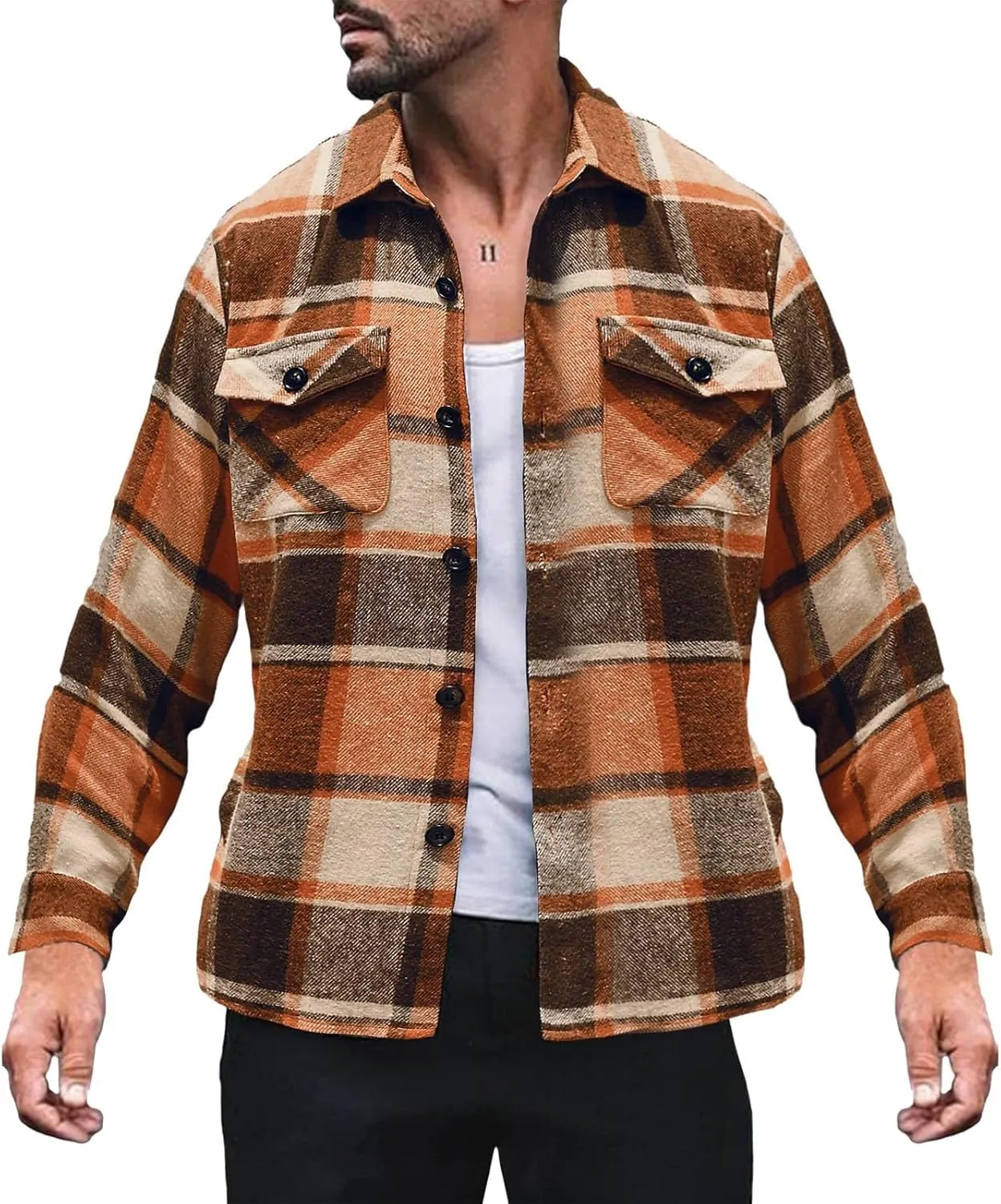 LCMTWX Mens Plaid Flannel Jacket Pullover Sweatshirt Jacket Button Collar Warm Sweater Coat with Hood for Men Sherpa Button