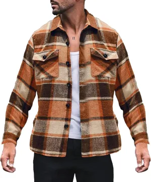 LCMTWX Mens Plaid Flannel Jacket Pullover Sweatshirt Jacket Button Collar Warm Sweater Coat with Hood for Men Sherpa Button