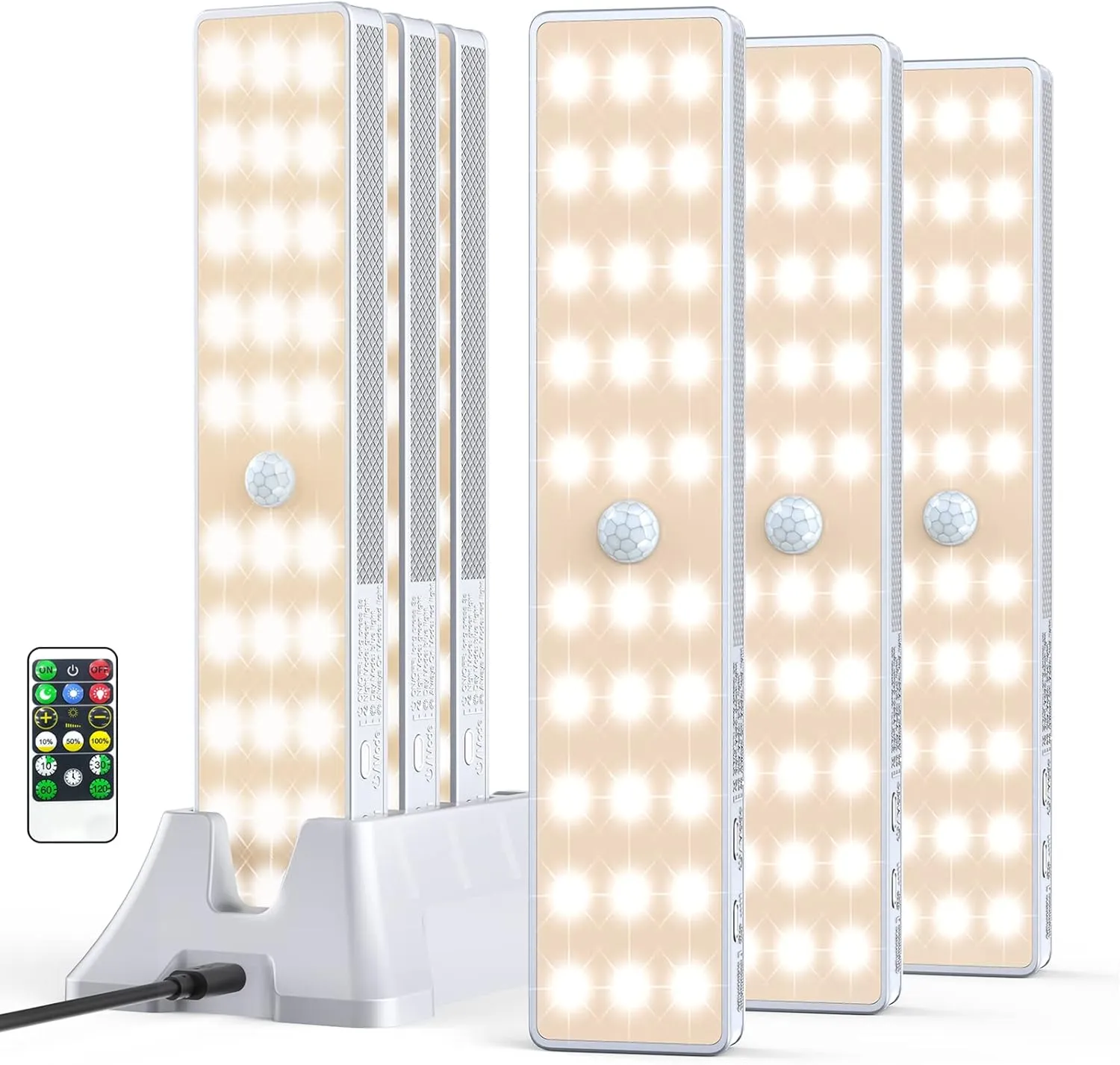 LED Closet Light with Charging Station, 6 Pcs 30LEDs Rechargeable Motion Sensor Under Cabinet Lighting with Remote Control, Wireless Stick-Anywhere Night Safe Light Bar for Wardrobe,Kitchen-Warm White