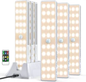 LED Closet Light with Charging Station, 6 Pcs 30LEDs Rechargeable Motion Sensor Under Cabinet Lighting with Remote Control, Wireless Stick-Anywhere Night Safe Light Bar for Wardrobe,Kitchen-Warm White