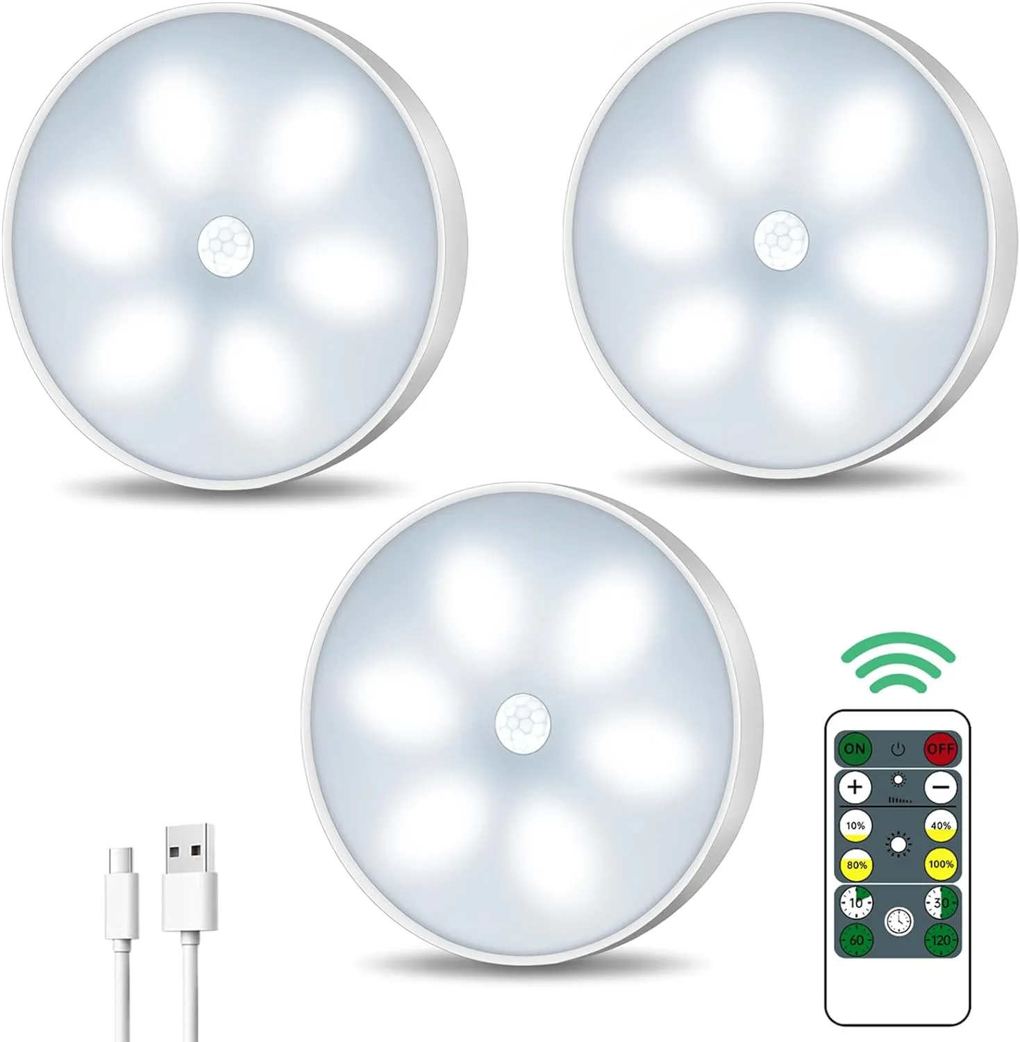LED Closet Lights Wireless Motion Sensor Step Lights, USB Rechargeable Battery Operated Puck Lights with Remote, Dimmable Under Cabinet Lighting for Counter, Kitchen, Stairs (3 Pack)