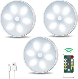 LED Closet Lights Wireless Motion Sensor Step Lights, USB Rechargeable Battery Operated Puck Lights with Remote, Dimmable Under Cabinet Lighting for Counter, Kitchen, Stairs (3 Pack)