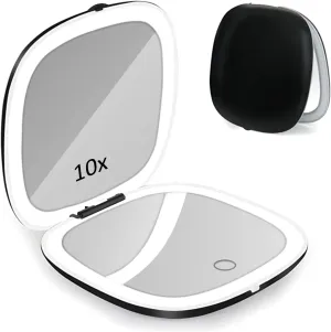 LED Light Travel Makeup Mirror 1X 10X Magnified Compact Mirror USB Charging Folding Mirror Touch Screen 3 Colors Brightness Adjustable Portable Mini Mirror for On The Go and Handbag