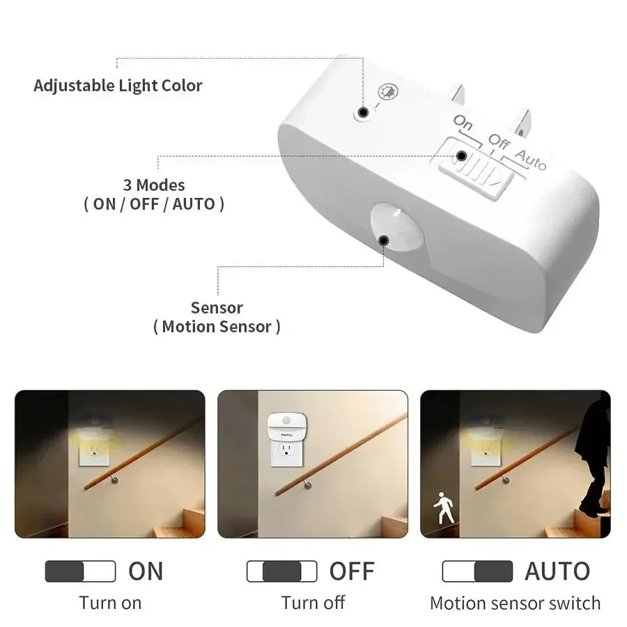 LED Motion Sensor Night Light EU/US Plug, Dimmable Wall Lamp for Bedroom, Toilet, Hallway, Kitchen, Kids