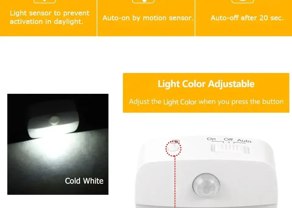 LED Motion Sensor Night Light EU/US Plug, Dimmable Wall Lamp for Bedroom, Toilet, Hallway, Kitchen, Kids