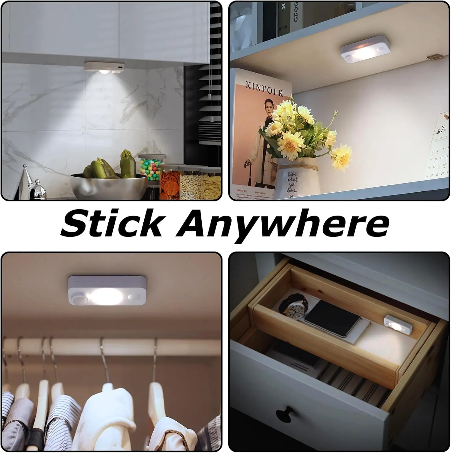 LED Motion Sensor Puck Lights, Rechargeable Cabinet Lights, Stick on Wireless LED Night Light for Closet, Drawer, Shelf, Under Cabinet, Daylight White 4Pack, USB Charging Cord Included