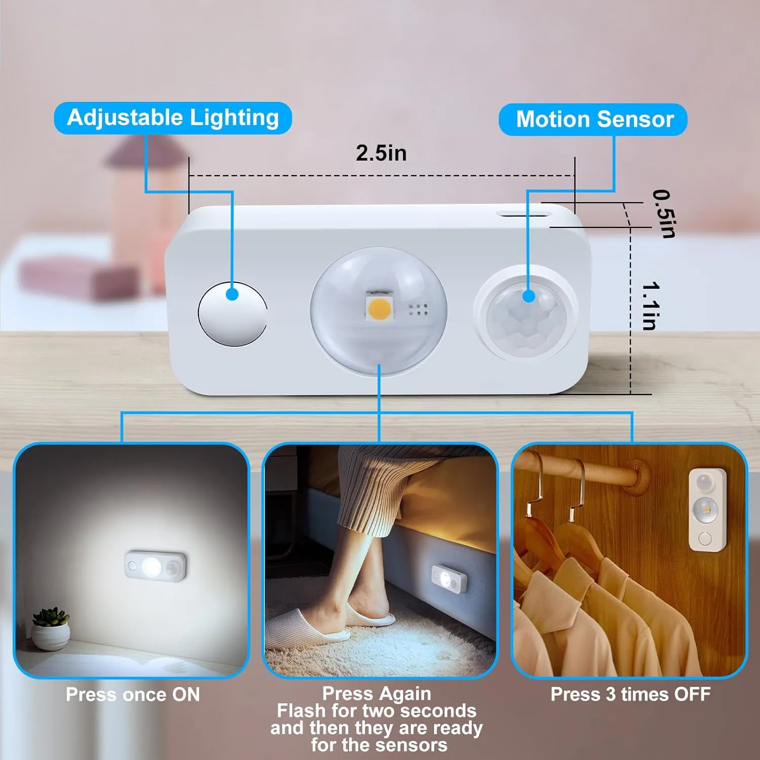LED Motion Sensor Puck Lights, Rechargeable Cabinet Lights, Stick on Wireless LED Night Light for Closet, Drawer, Shelf, Under Cabinet, Daylight White 4Pack, USB Charging Cord Included