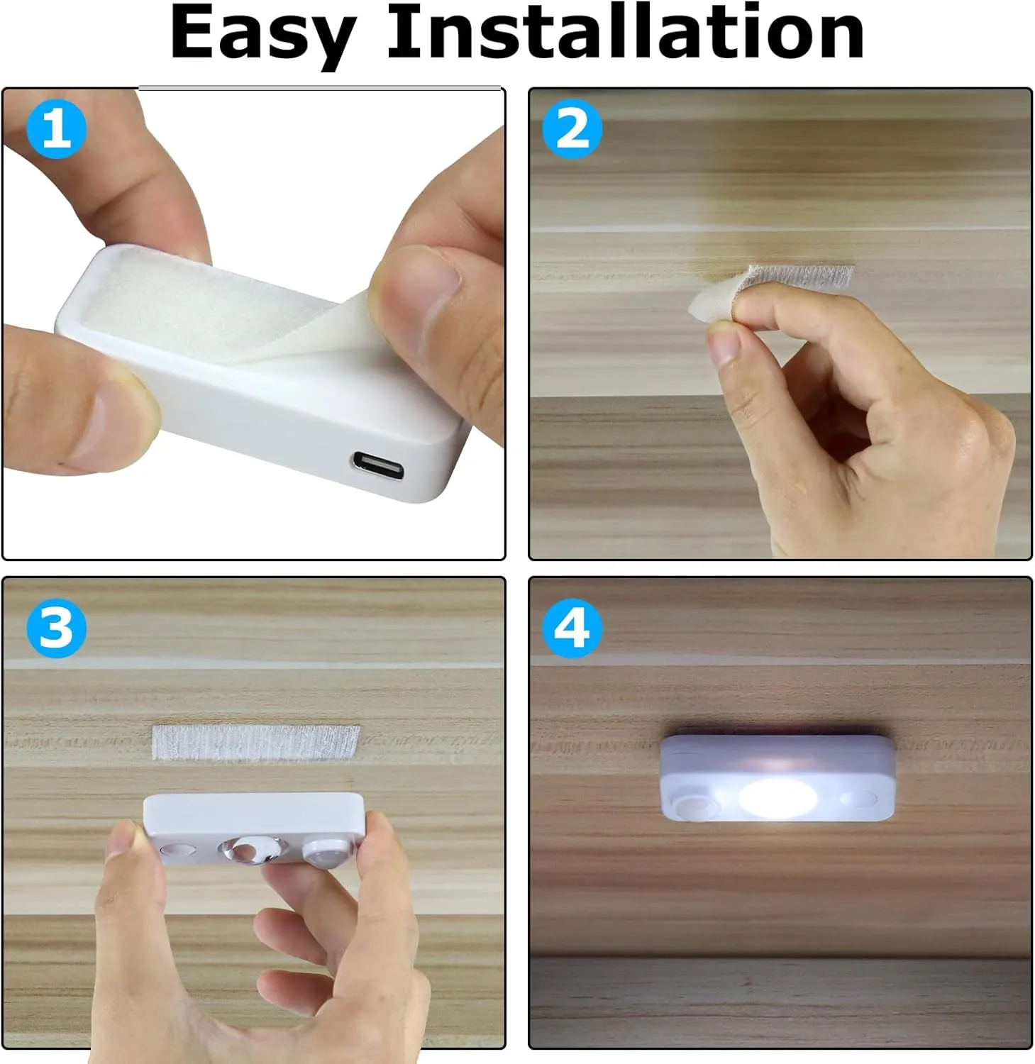 LED Motion Sensor Puck Lights, Rechargeable Cabinet Lights, Stick on Wireless LED Night Light for Closet, Drawer, Shelf, Under Cabinet, Daylight White 4Pack, USB Charging Cord Included