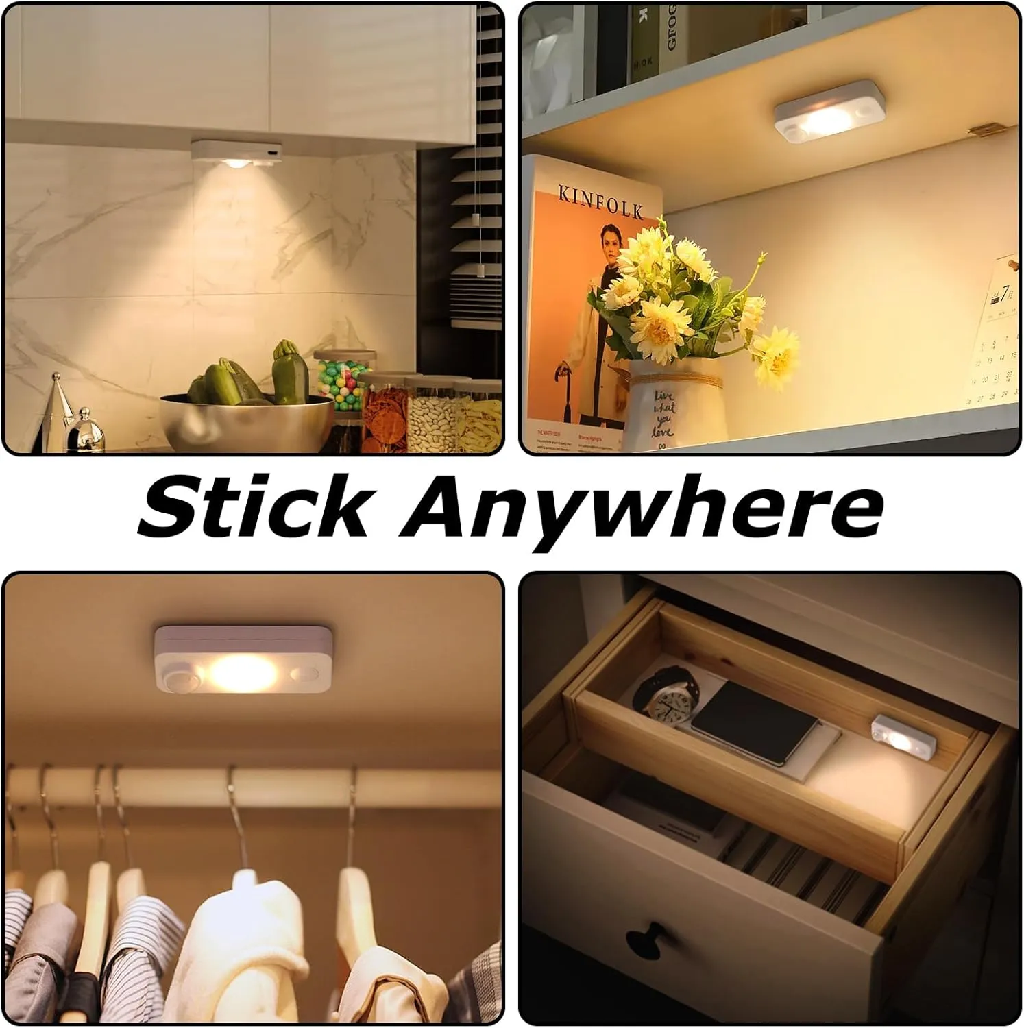 LED Motion Sensor Puck Lights, Rechargeable Cabinet Lights, Stick on Wireless LED Night Light for Closet, Drawer, Shelf, Under Cabinet, Warm White 4Pack, USB Charging Cord Included