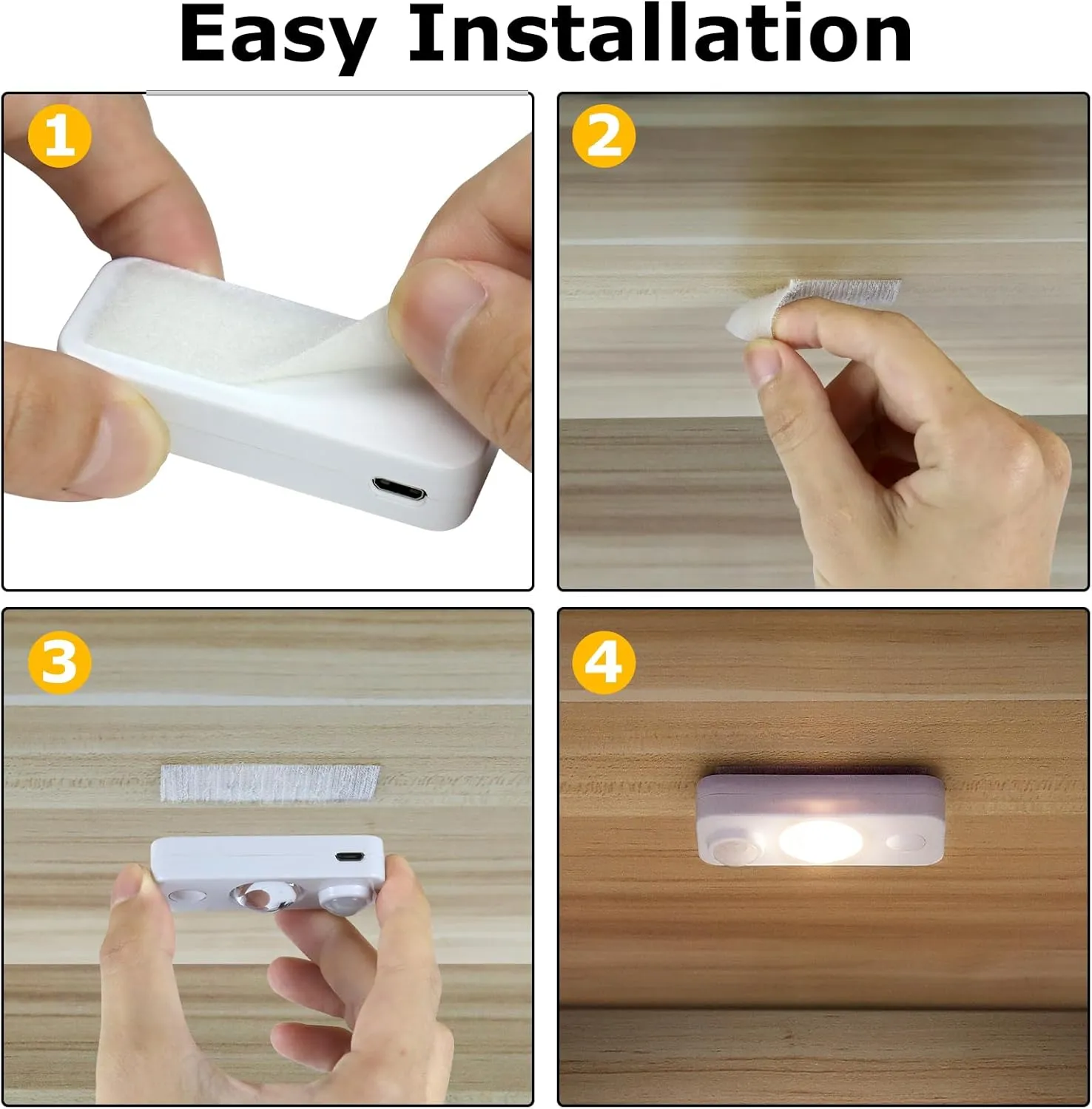 LED Motion Sensor Puck Lights, Rechargeable Cabinet Lights, Stick on Wireless LED Night Light for Closet, Drawer, Shelf, Under Cabinet, Warm White 4Pack, USB Charging Cord Included