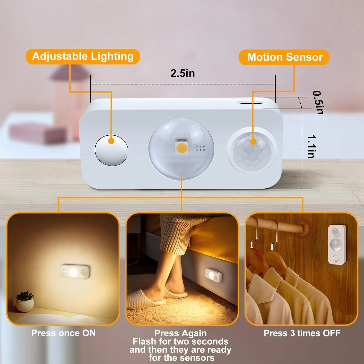 LED Motion Sensor Puck Lights, Rechargeable Cabinet Lights, Stick on Wireless LED Night Light for Closet, Drawer, Shelf, Under Cabinet, Warm White 4Pack, USB Charging Cord Included