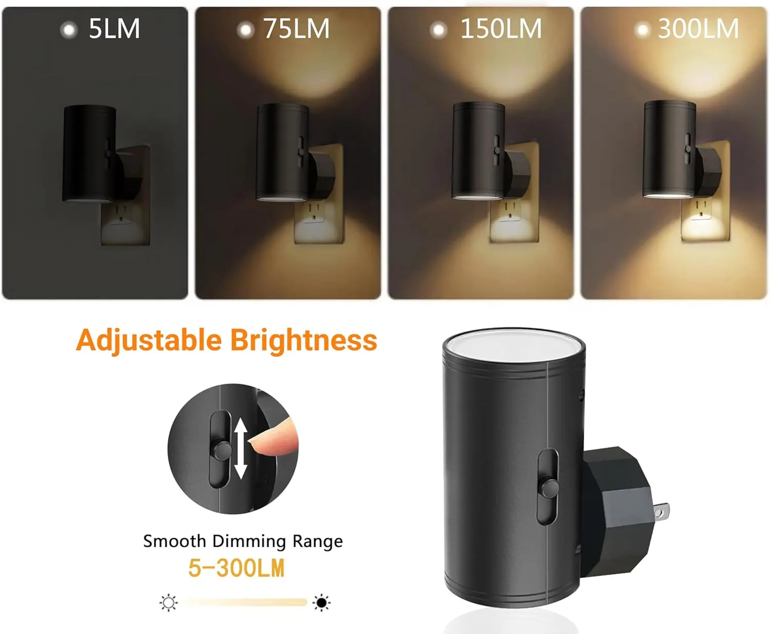 LED Night Light Plug in, Night Lights Plug into Wall Dusk to Dawn Sensor,5-300LM Adjustable Brightness, 2700K,Dimmable Night Lights for Kitchen,Hallway Bedroom,Stairway,2 Pack