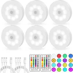Led Puck Lights with Remote Control 16 Color Changeable USB Rechargeable LED Night Light Battery Operatedfor,Closet,Bedroom Wall,Under Cabinet,Party,Halloween Decoration,with Dimmer and Timer（6 Pack）