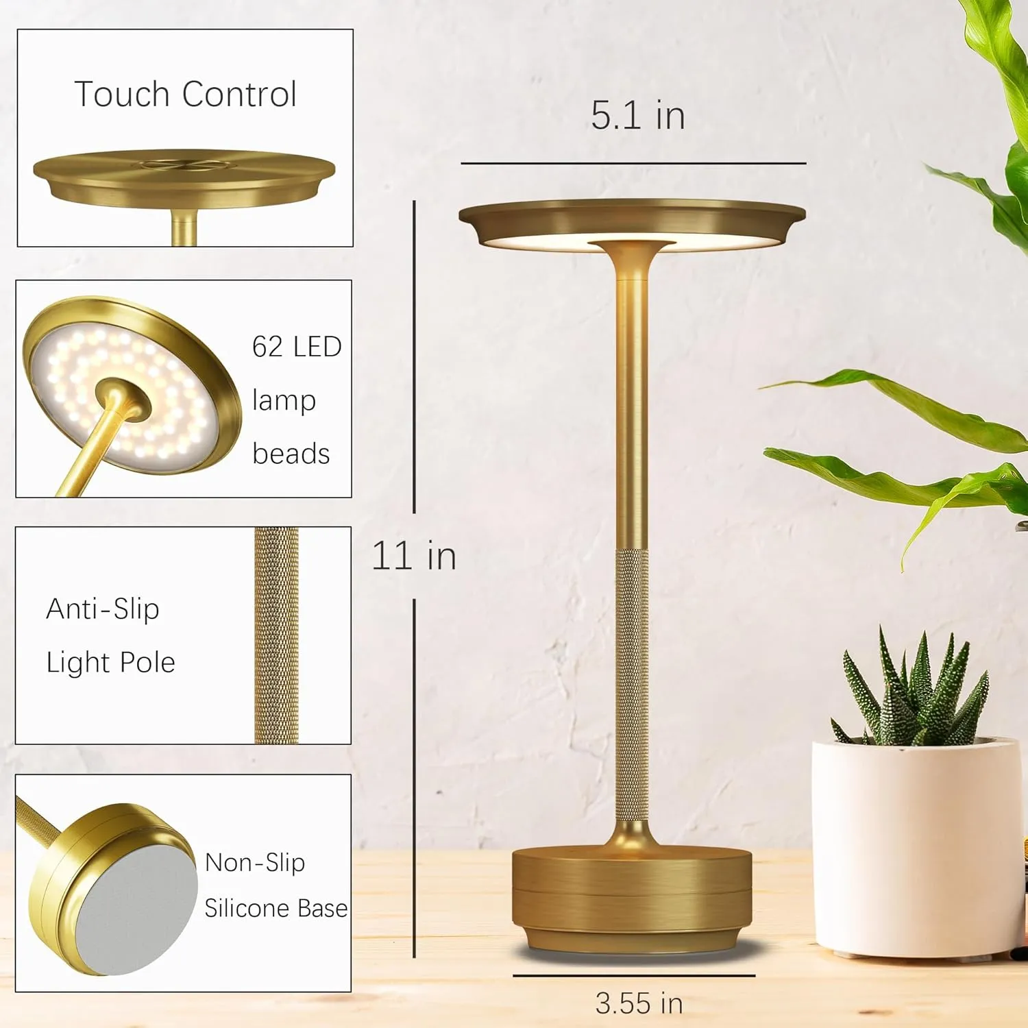 LED Rechargeable Cordless Table Lamp, Battery Operated Stepless Dimming Modern Portable Outdoor Table Light for Dining Restaurant Patio.(Brushed Gold)