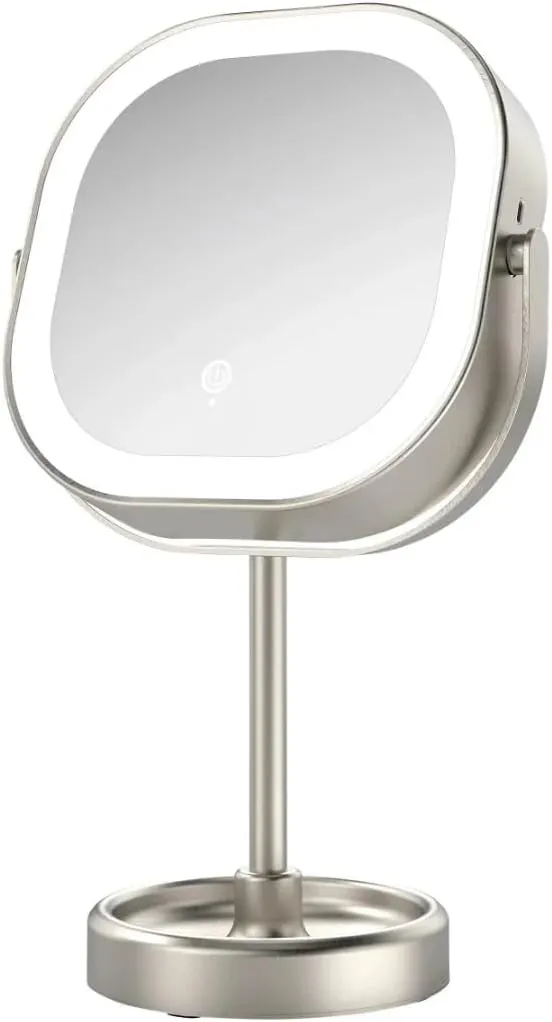 LED Vanity Mirror Double-Sided 1x/10x with 3 Light Settings, 360° Rotation, USB Rechargeable