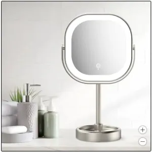 LED Vanity Mirror with Stand, Double-Sided 1x/10x Magnification, 3 Light Settings, 360° Rotation, USB Rechargeable, Brushed Nickel