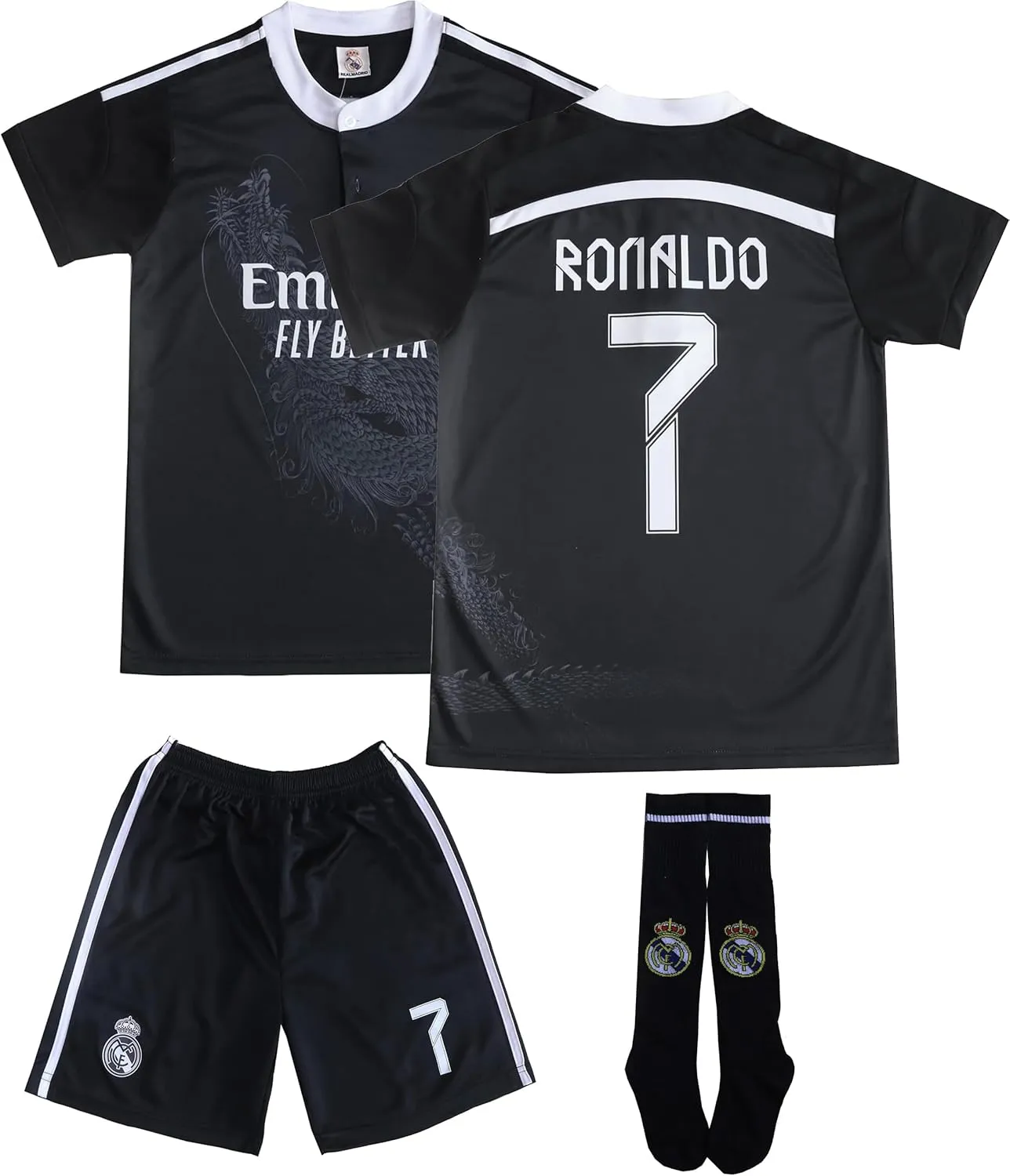 LeenBD No #7 Madrid Black Dragoon Special Edition Kids Soccer Jersey Kit Shorts Socks Set Youth Sizes