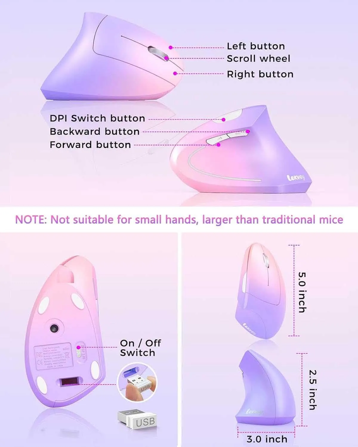 Lekvey Ergonomic Mouse, Vertical Wireless Mouse Rechargeable 2.4 GHz Optical Carpal Tunnel Mouse : 800/1200 / 1600 DPI, 6 Buttons, for Laptop, PC, Computer, Desktop, Notebook etc, Pink to Purple