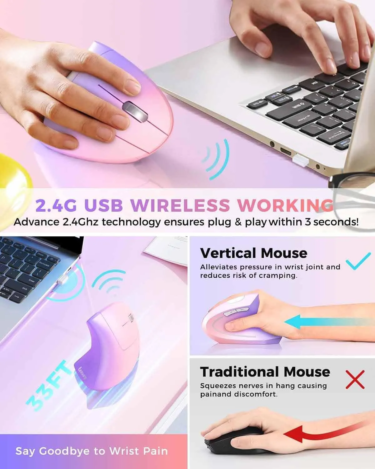 Lekvey Ergonomic Mouse, Vertical Wireless Mouse Rechargeable 2.4 GHz Optical Carpal Tunnel Mouse : 800/1200 / 1600 DPI, 6 Buttons, for Laptop, PC, Computer, Desktop, Notebook etc, Pink to Purple