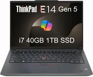 Lenovo ThinkPad E14 Gen 5 Business Laptop (14" FHD  Anti-glare, Intel 10-Core i7-1355U, 40GB RAM, 1TB SSD) Backlit, Fingerprint, Fast Charge, 1080p RGB Webcam, Wi-Fi 6, Win 11 Pro w/ Copilot