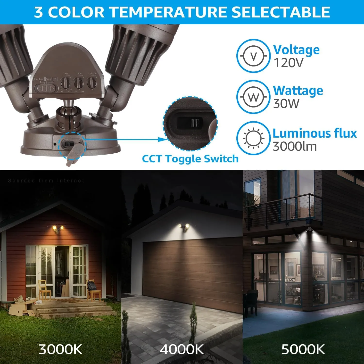 LEONLITE 3CCT LED Security Light, Motion Sensor Flood Lights Outdoor, Aluminum, 3 Modes Motion Detector Dusk to Dawn Switch Control, 3000K/4000K/5000K Selectable, IP65, Adjustable 2-Head, ETL, Bronze