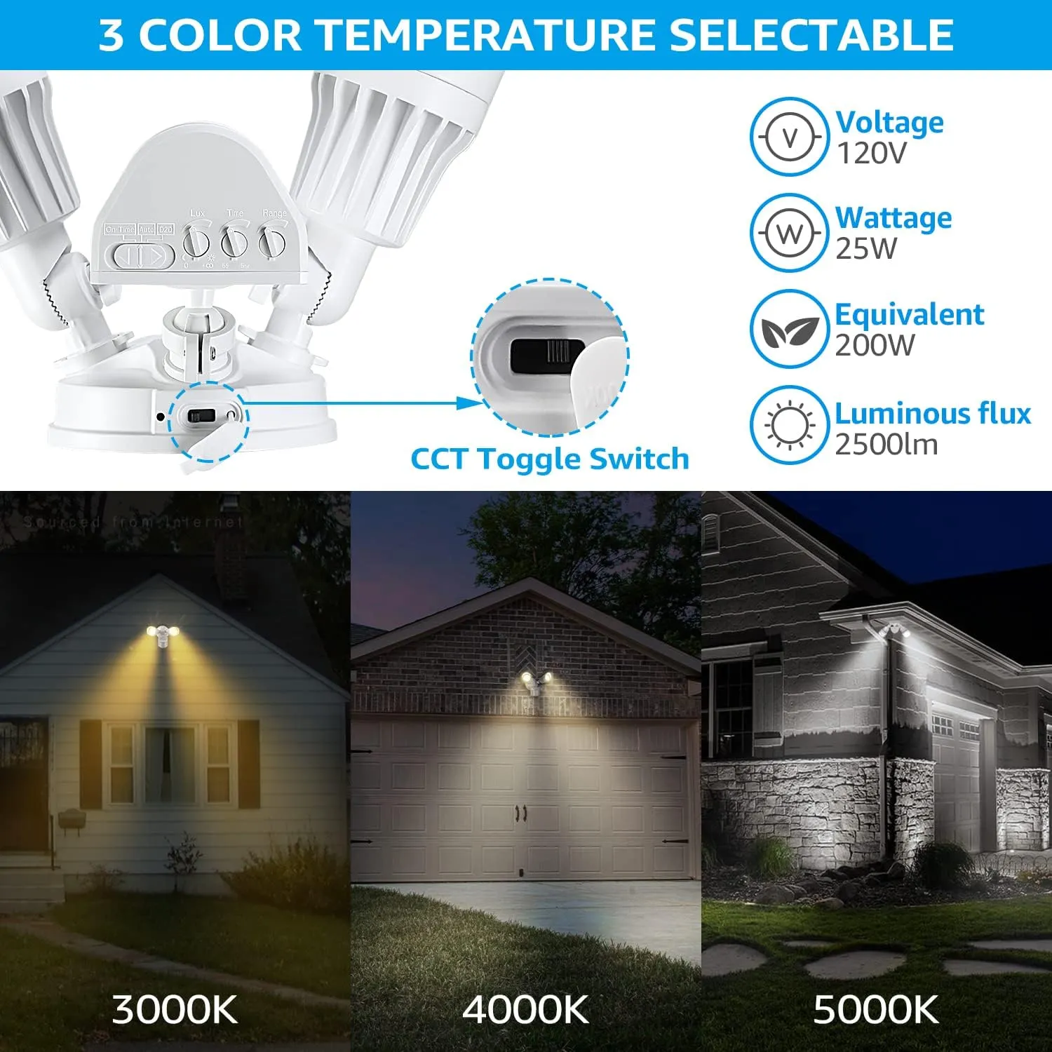 LEONLITE 3CCT LED Security Light, Motion Sensor Flood Lights Outdoor, Aluminum, 3 Modes Motion Detector Dusk to Dawn Switch Control, 3000K/4000K/5000K Selectable, IP65, Adjustable 2-Head, ETL, White